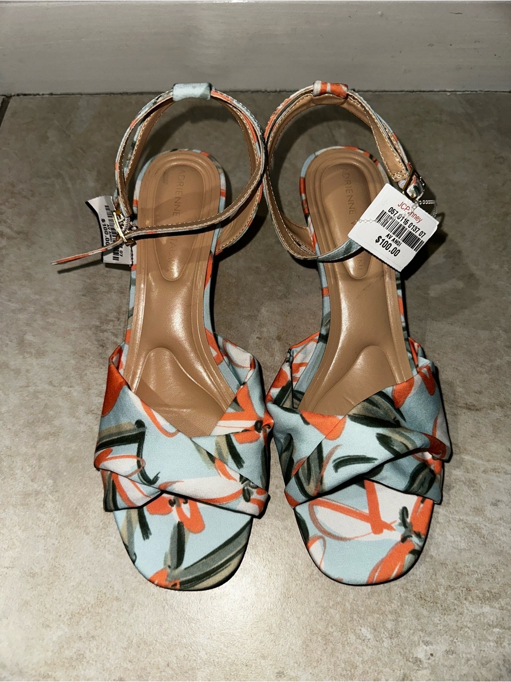 Adrienne Vittadini Blue, Orange & Green Floral Ankle-Strap Sandals Size: 8
